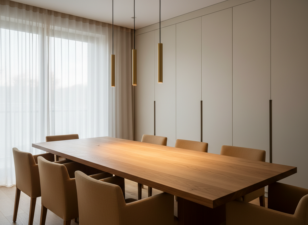 An exquisitely detailed dining area centered on a long, custom-made solid oak table with a silky, natural matte finish, surrounded by minimalist upholstered chairs in warm sand-colored fabric. Above, three slim cylindrical brass pendant lights cast a soft, warm glow onto the table’s surface, revealing subtle wood grain. In the background, built-in cabinetry in matte ivory with discreet integrated handles blends seamlessly into the wall. A large window with sheer curtains lets in gentle, late-afternoon natural light, balancing the warm artificial lighting. Shot in photographic realism from a slightly elevated angle using the rule of thirds, the space feels intimate, refined, and welcoming, embodying functional elegance and timeless sophistication.
