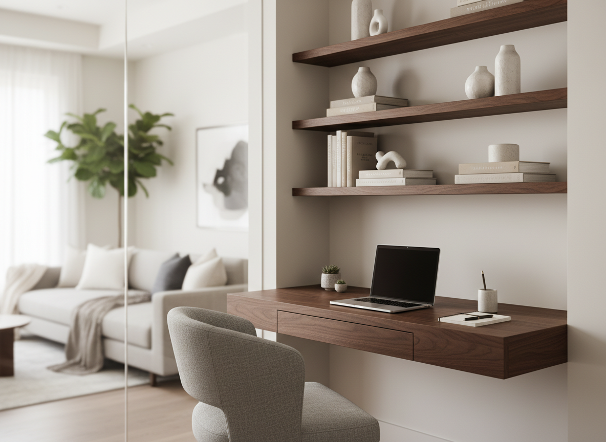 A sophisticated home office corner featuring a slim, wall-mounted desk in dark-stained walnut with a velvety matte finish, paired with a sculptural, armless chair upholstered in textured dove-gray fabric. Above the desk, asymmetrical open shelving in the same walnut finish displays carefully curated books and minimalist ceramic objects. A large, frameless glass interior window separates the office from an adjacent living area, allowing diffused daylight to illuminate the workspace. The walls are painted in a warm, soft white that enhances the natural light. Captured in photographic realism at eye level with shallow depth of field, the desk is in sharp focus while the background softly blurs, creating an atmosphere of quiet concentration, refined taste, and functional organization.