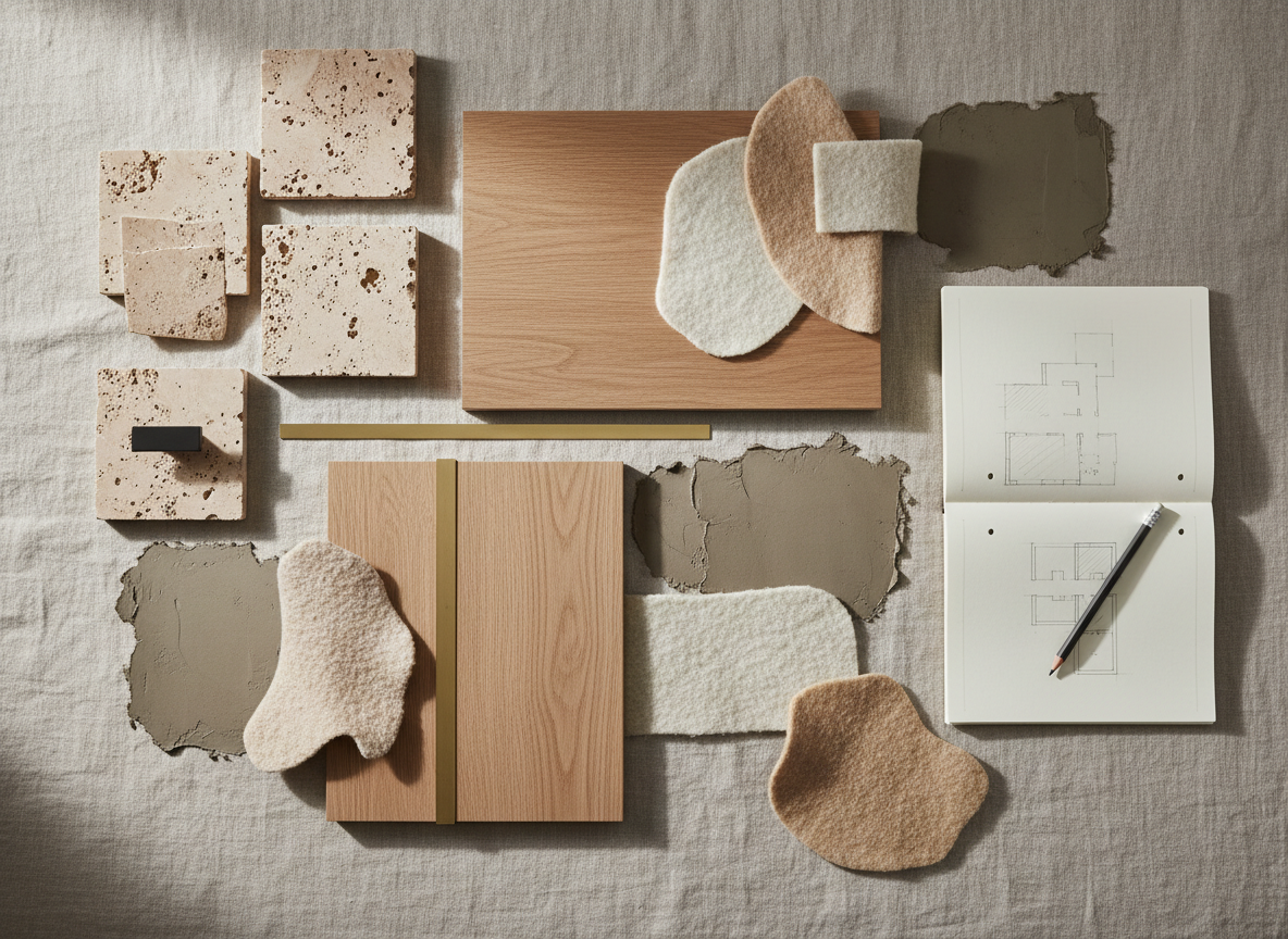 A moodboard-style composition laid out on a large, neutral linen-covered surface, representing an interior design concept. Carefully arranged material samples include honed travertine tiles, light oak veneer, warm gray microcement, and soft wool fabric swatches in cream and sand tones. A slim brass strip and a small matte-black hardware piece introduce accents. A sharpened graphite pencil rests beside an open notebook filled with hand-drawn floor plan lines. Soft, indirect daylight from the side creates gentle shadows and highlights the textures. Photographic realism with a top-down, bird’s-eye view ensures every detail is visible, conveying the designer’s sophisticated, artistic process and sensitivity to harmony, tactility, and refined color palettes. No human hands or devices appear in the frame.