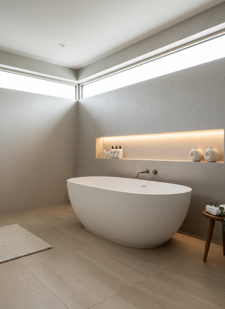 A serene, spa-like bathroom retreat featuring a freestanding oval bathtub in smooth white stone resin, positioned in front of a textured, light-gray microcement wall. A niche with integrated LED strip lighting showcases carefully arranged glass and ceramic containers. The floor is large-format, warm beige porcelain with a subtle stone effect. Natural light enters through a high clerestory window, softly diffused to avoid harsh shadows, complemented by indirect cove lighting in the ceiling. Photographic realism with a slightly off-center composition emphasizes negative space, creating a calm, luxurious mood that highlights the designer’s focus on comfort, harmony, and meticulous detail in residential interior projects.