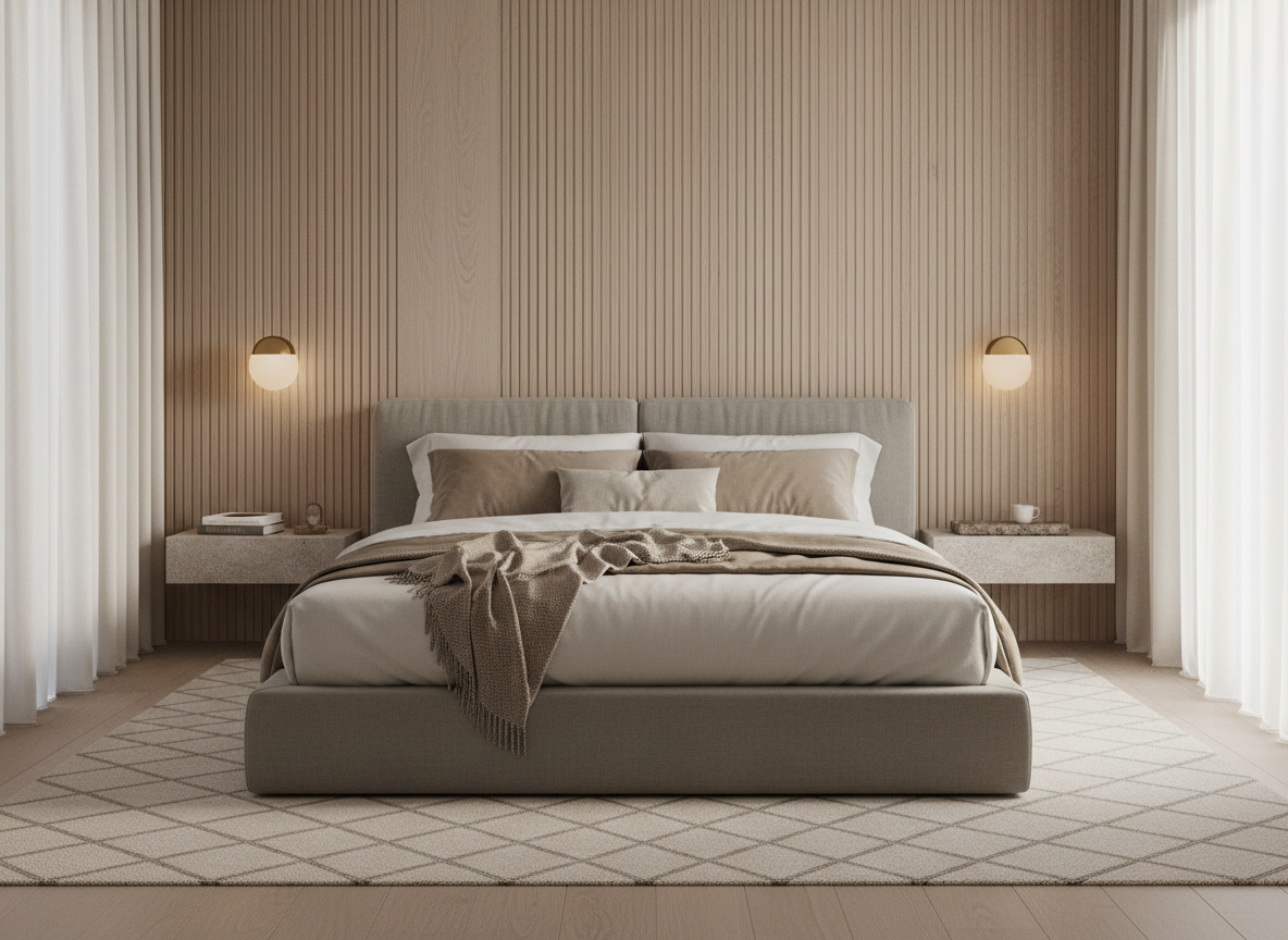 A refined bedroom sanctuary with a low, upholstered platform bed in a muted greige linen fabric, topped with layered natural-toned bedding in cotton and cashmere. Behind the bed, a full-height panelled headboard in light oak with precise vertical grooves adds rhythm and texture. Integrated bedside ledges hold a single book and a small stone tray. Two minimalist wall sconces with opal glass diffusers emit a soft, warm glow, complementing the gentle early morning light filtering through sheer curtains. The floor is pale oak, partially covered by a hand-tufted wool rug in a subtle tone-on-tone pattern. Photographic realism in a slightly wide, symmetrical composition creates a feeling of balance, intimacy, and understated luxury.